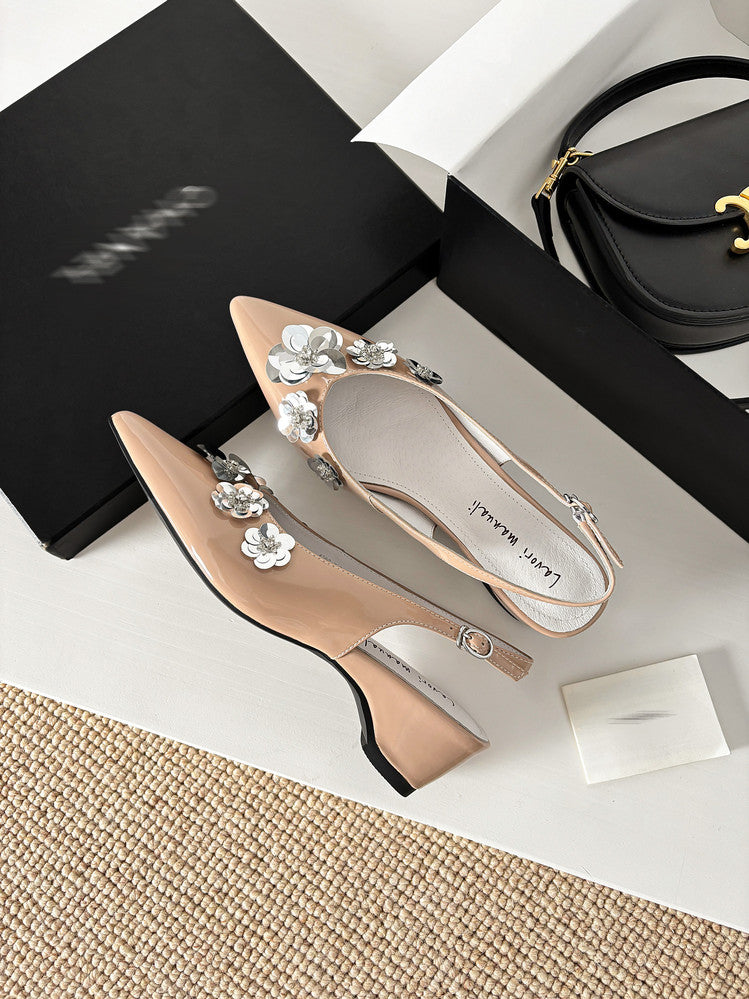 Karin Luna In Stock In Stock  Sequin Floral Pointed Toe Chunky Heel Closed-Toe Sandals