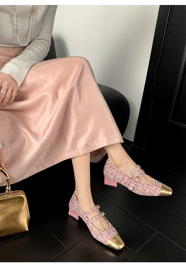 Karin Luna Classic Chanel Style~ Tweed Spring Limit Square Toe Chunky Heel Mary Jane Strap Single Shoes