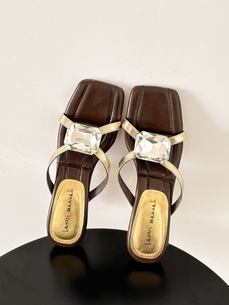 Karin Luna In Stock Spot Goods Rhinestone Square Toe Irregular Heel Slippers