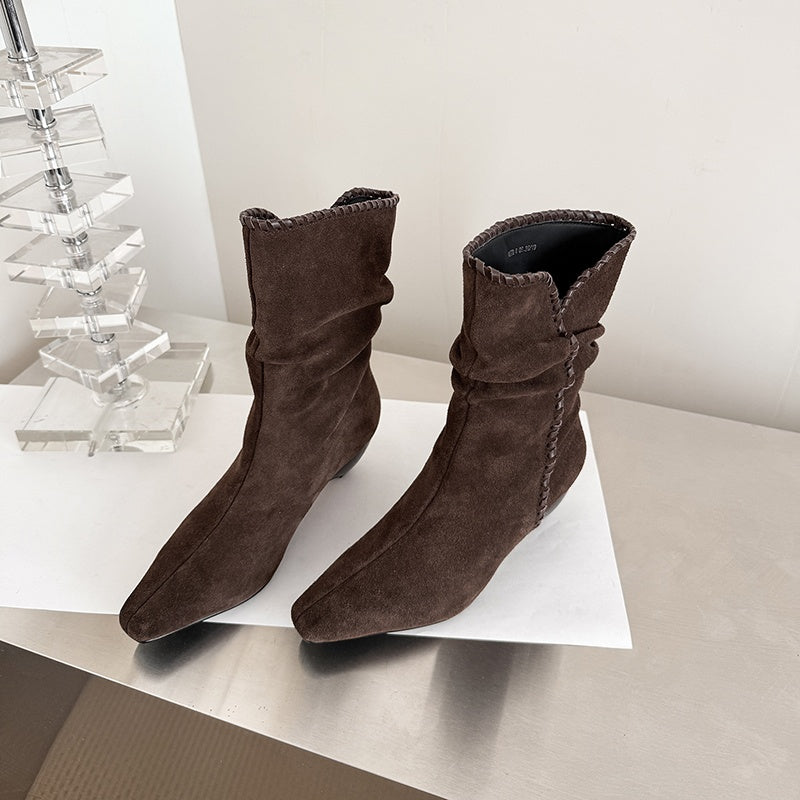 Karin Luna Small Square Toe Retro Ruched Pile Short Boots