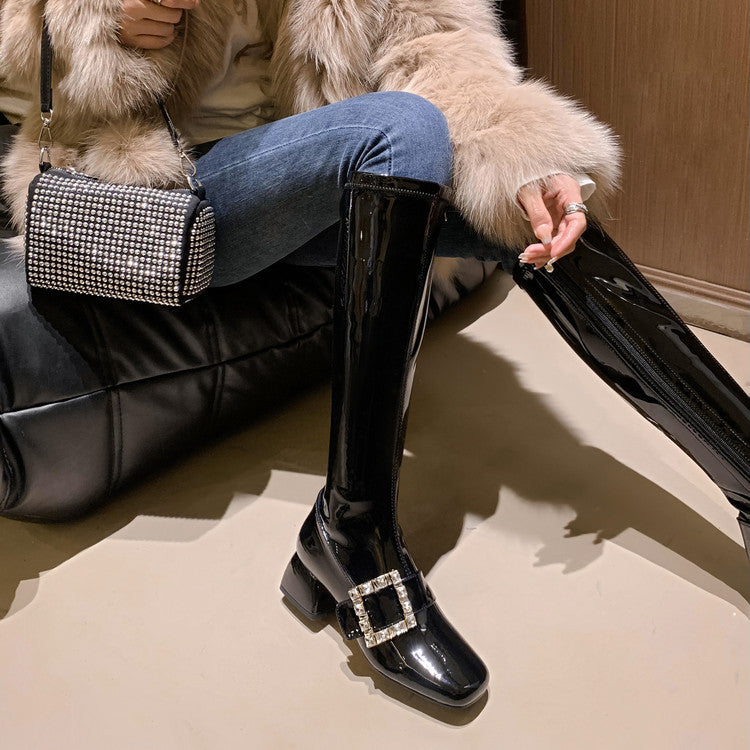 Karin Luna Elegant Style Ultra Slimming Rhinestone Chunky Heel British Style Riding Boots Long Boots