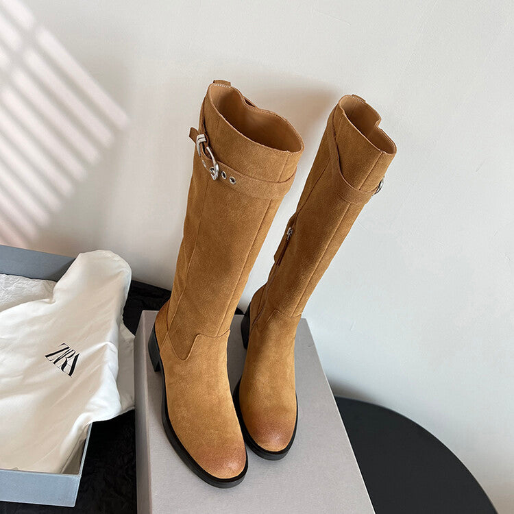Karin Luna Chunky Heels Round Head Belt Buckle  Fashionable Suede Boots