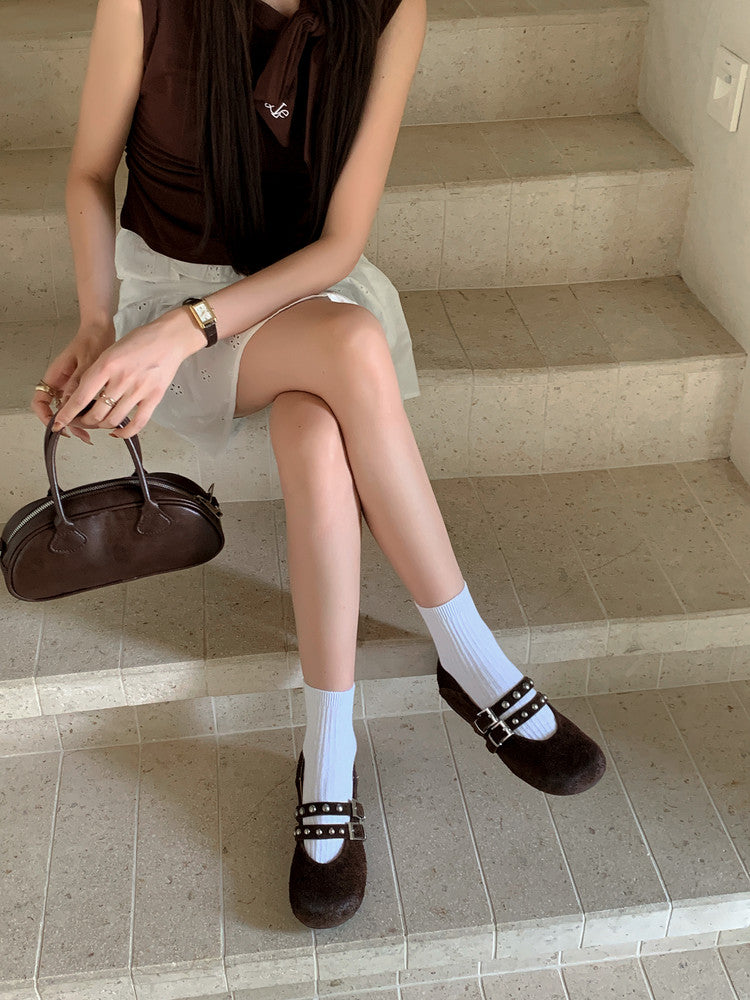 Karin Luna Hot Item Hot Item Punk Style One-Strap Round-Toe Suede Leather Height-Increasing Flats