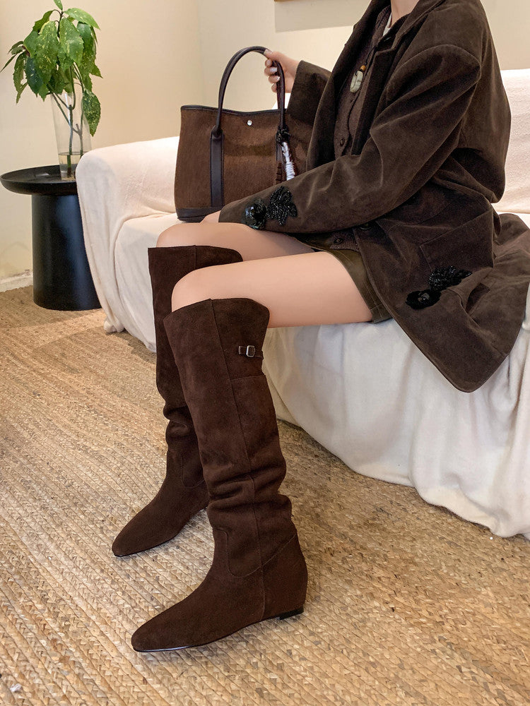 Karin Luna In Stock Spot Goods Vintage Cowhide Leather Two-Way Wear Pointed Toe Height-Increasing Long Boots
