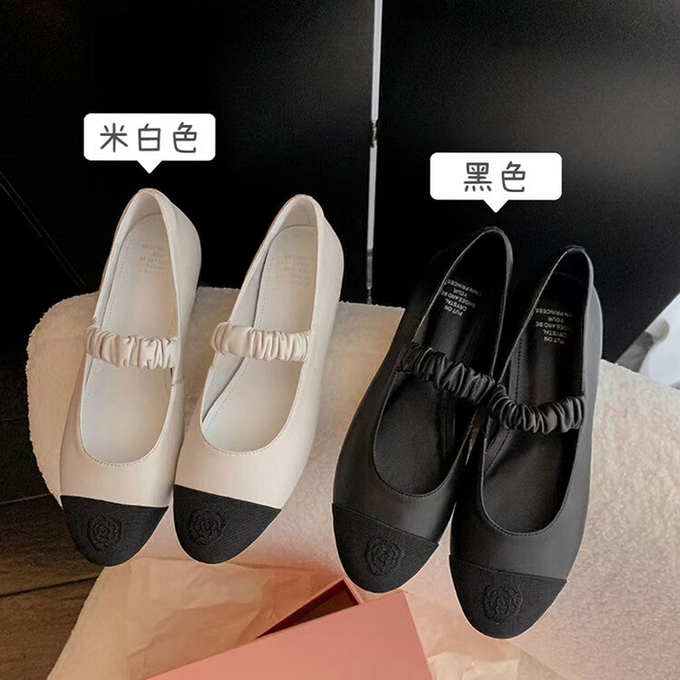 Karin Luna In Stock  Chanel Style Sheepskin Vintage Wrinkled Cable Strap Flat Round Toe Color Block Mary Jane