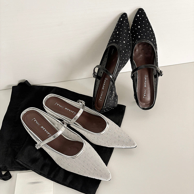 Karin Luna In Stock Spot Goods  Breathable Mesh Fabric Embellished Hand Drill Pointed Toe Slippers
