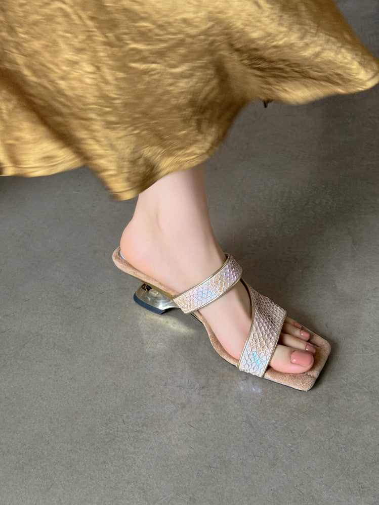 Karin Luna Fish Skin Series~Minimalist Square Toe Popular Irregular Heel Slippers