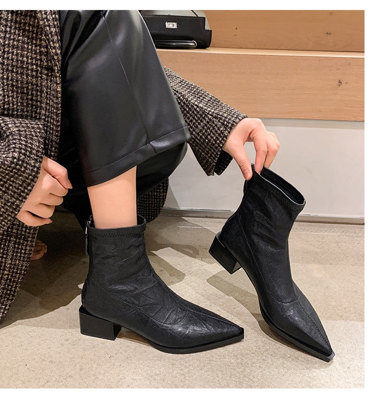 Karin Luna Elegant Style Pointed Toe Chunky Heel Short Boots