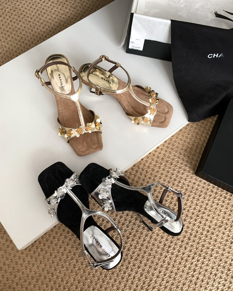 Karin Luna Hot-Selling Sequin Floral Series ~  Square Toe Irregular Heel Square Toe Sandals