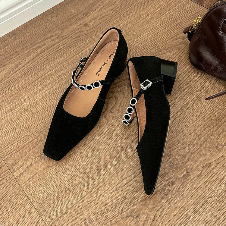 Karin Luna In Stock Spot Goods  Vintage Full Leather Square Toe Rhinestone Strap Shallow Mouth Single Shoes
