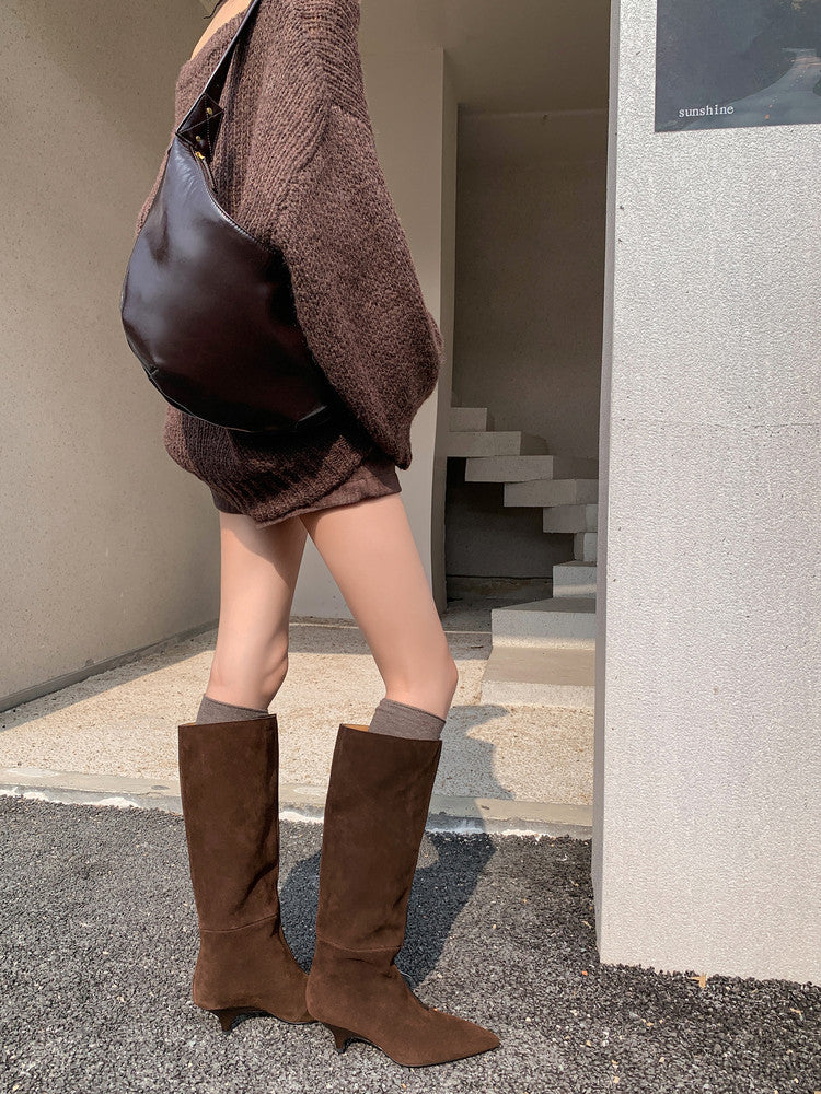 Karin Luna In Stock Spot Goods Retro Cowhide Pointed Toe Stiletto Elegant Long Boots