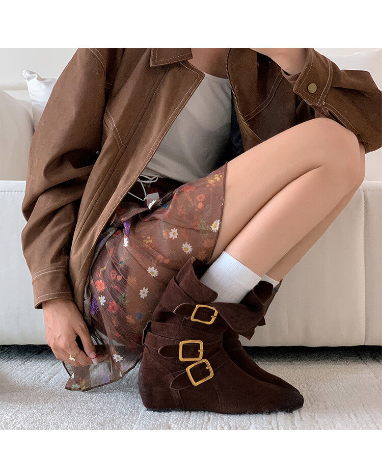 Karin Luna Cow Leather Small Square Toe Belt Buckle Fashion Boots