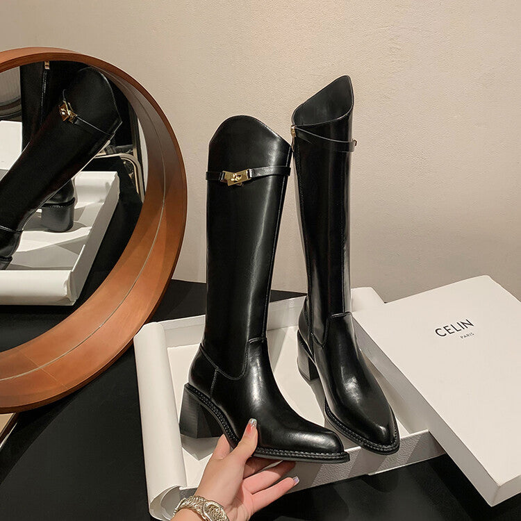 Karin Luna Hot-Selling Fasteners Sold as soon as listed Comes with data plan included Pointed Toe Chunky Heel Classic Full Cowhide Leather Riding Boots