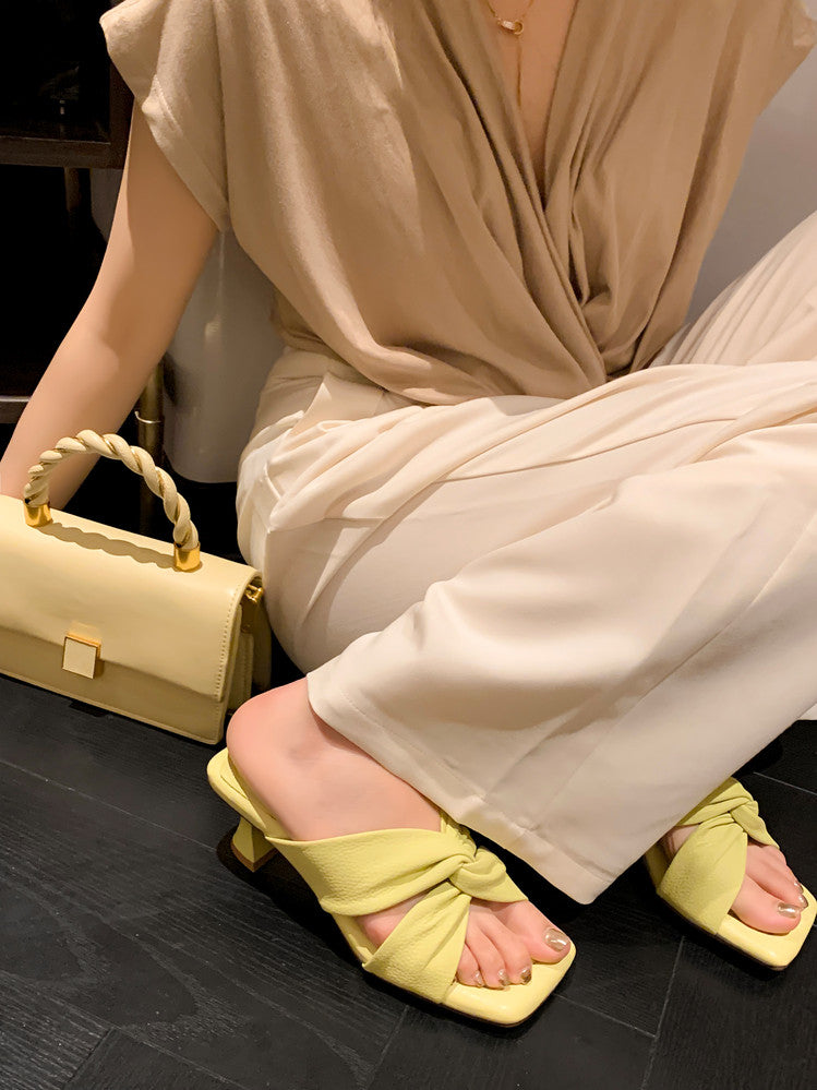Karin Luna In Stock In Stock  Comfortable Cross Strap  Airy High Heel Square Toe Slippers