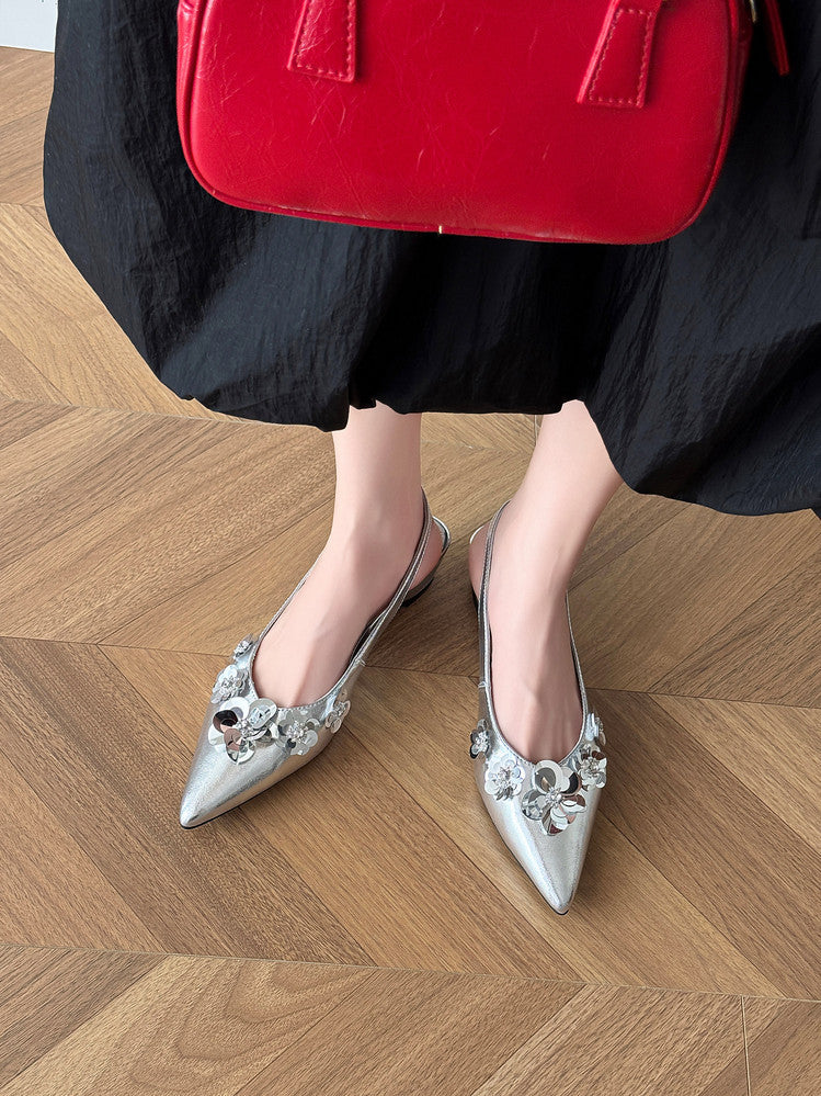 Karin Luna In Stock In Stock  Sequin Floral Pointed Toe Chunky Heel Closed-Toe Sandals