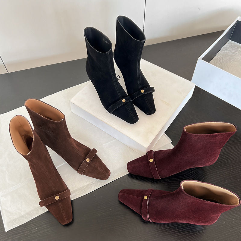 Karin Luna Elegant Style Small Square Toe Belt Buckle Thin Heel Short Boots