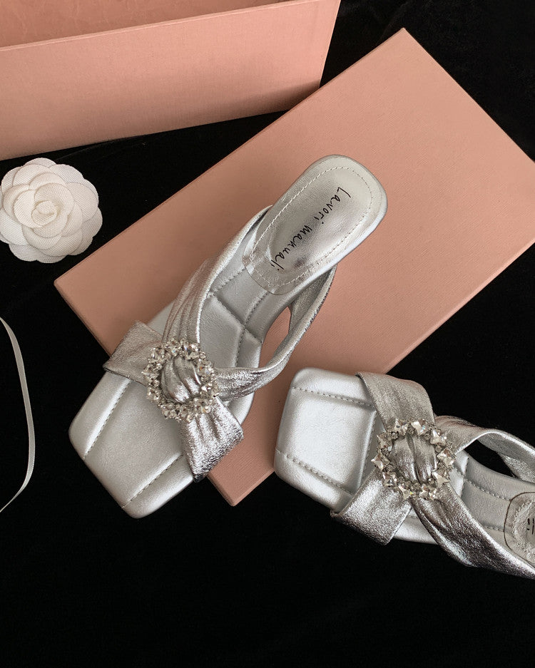 Karin Luna In Stock In Stock Elegant Square-Toe Cross-Strap Rhinestone Square-Toe Slippers
