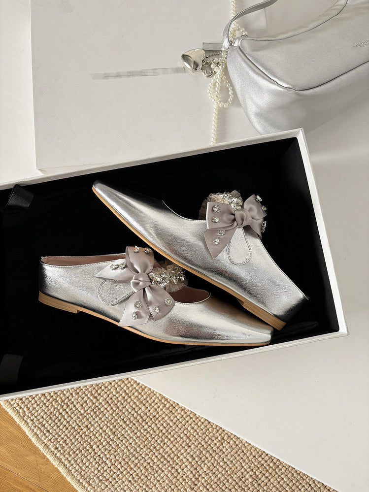 Karin Luna Handmade One-Strap Rhinestone Ribbon Square-Toe Mules