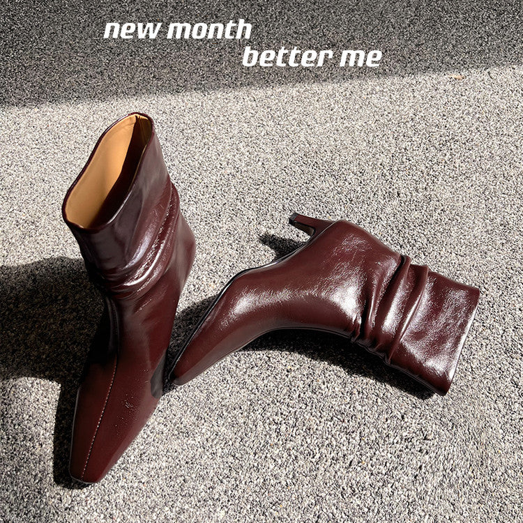 Karin Luna In Stock Spot Goods  Retro Wrinkled Small Square Toe Short Boots