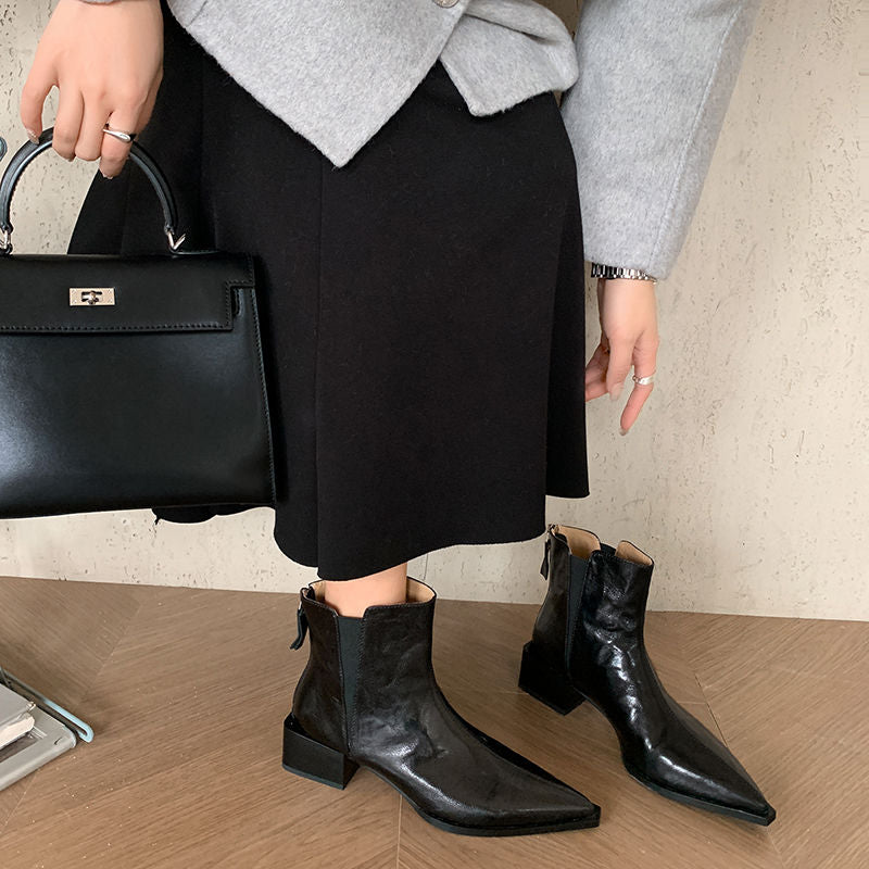 Karin Luna In Stock Spot Goods Elegant Stretch Fabric Patchwork Pointed Toe Chunky Heel Short Boots