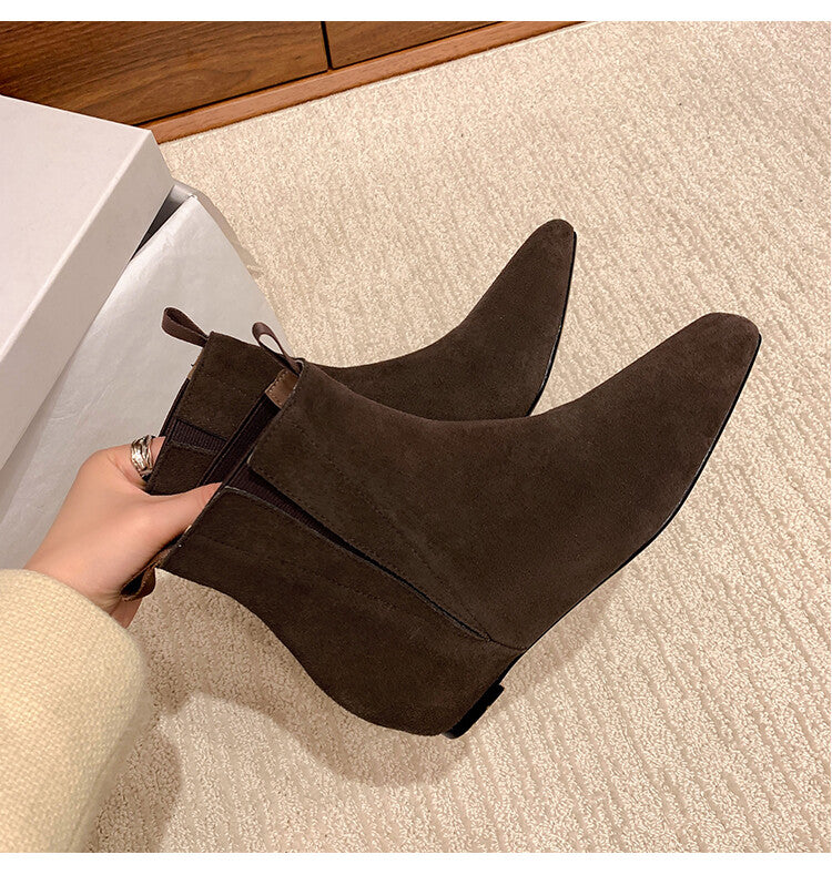 Karin Luna Classic Style Internal Height Increase Cowhide Leather Small Square Toe Short Fashion Boots