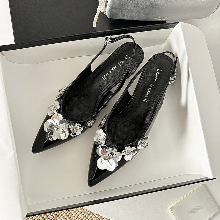 Karin Luna In Stock In Stock  Sequin Floral Pointed Toe Chunky Heel Closed-Toe Sandals