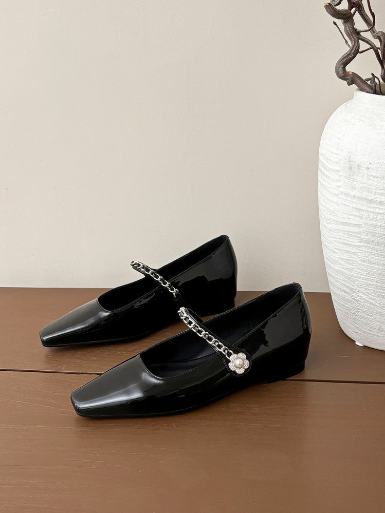 Karin Luna In Stock In Stock ~Metal One-Strap Pearl Small Square Toe Height-Increasing Flats