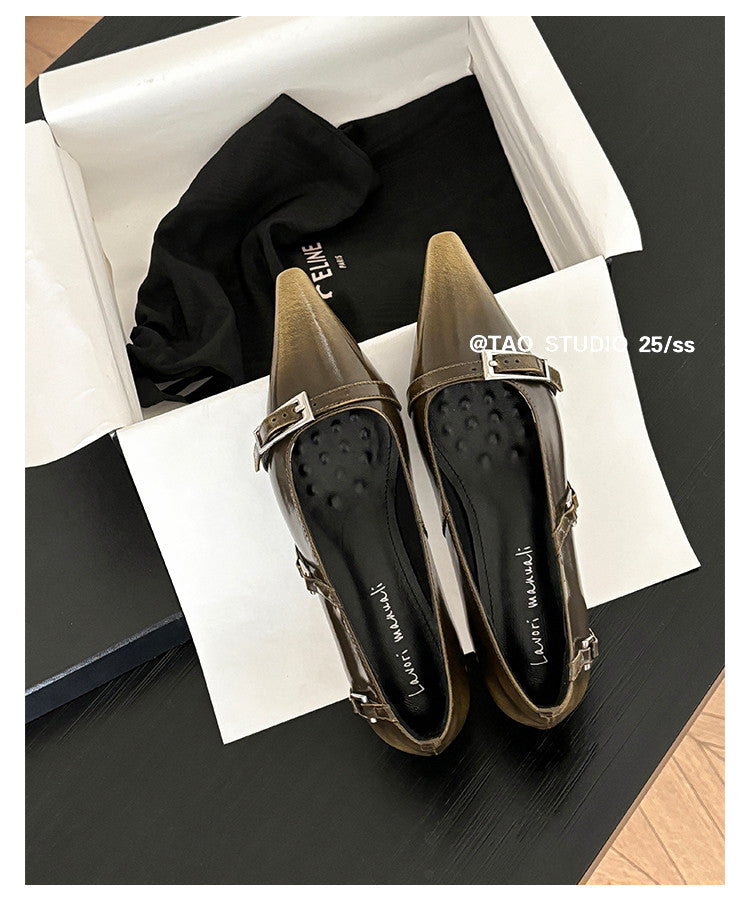 Karin Luna In Stock In Stock Retro Belt Buckle Small Square Toe Chunky Heel Single Shoes