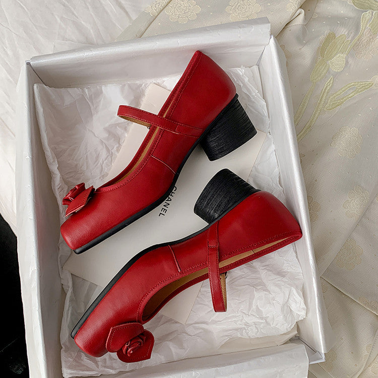 Karin Luna In Stock Spot Goods  Vintage Three-Dimensional Camellia Square-Toed Mary Jane Shoes
