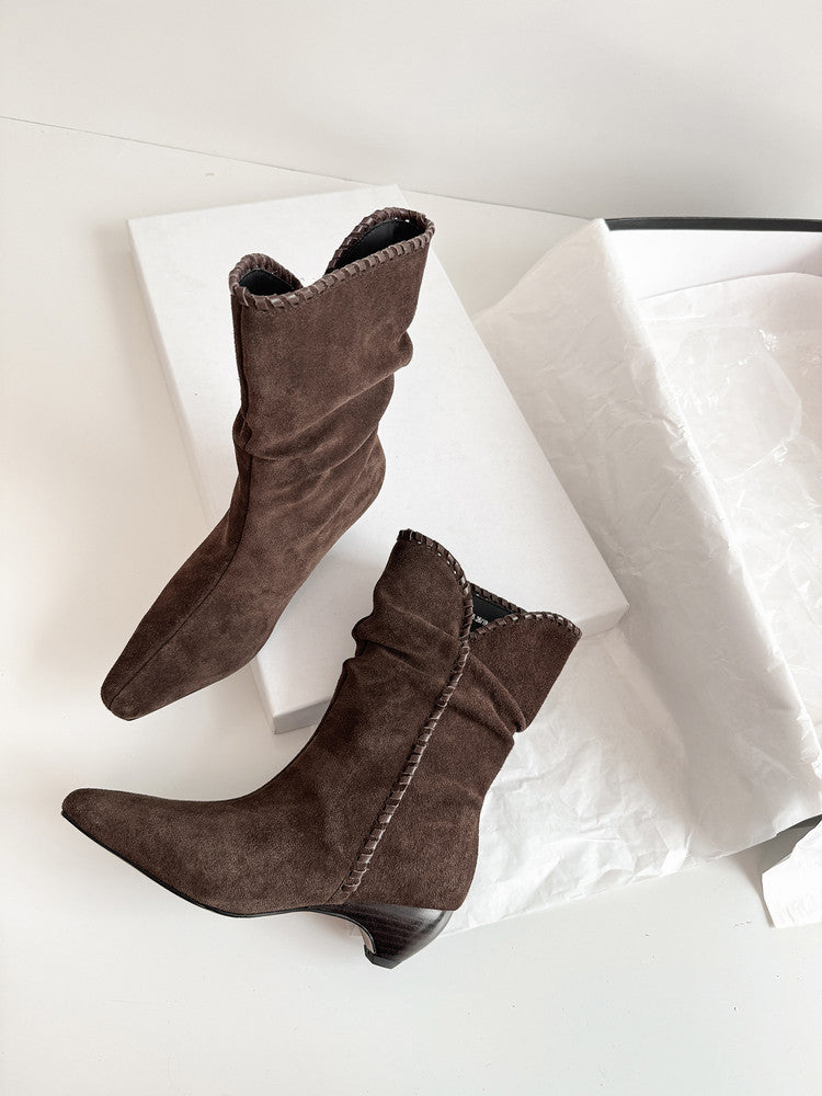 Karin Luna Elegant Style Small Square Toe Pleated Short Boots