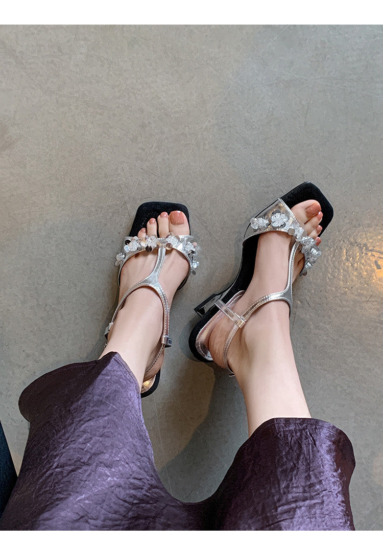 Karin Luna Hot-Selling Sequin Floral Series ~  Square Toe Irregular Heel Square Toe Sandals