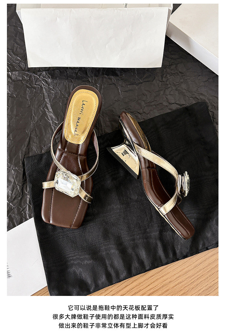 Karin Luna In Stock Spot Goods Rhinestone Square Toe Irregular Heel Slippers