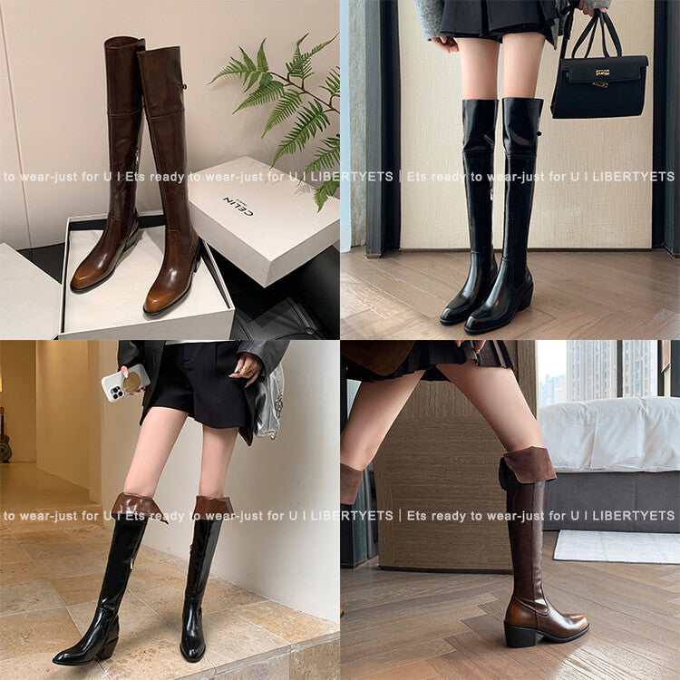 Karin Luna exploded  Three versions exploded Single Fleece Lining Fur Collar Version  Thick Fur Collar Foldable Hot-Selling Full Cowhide Pointed Toe Chunky Heel Classic Style