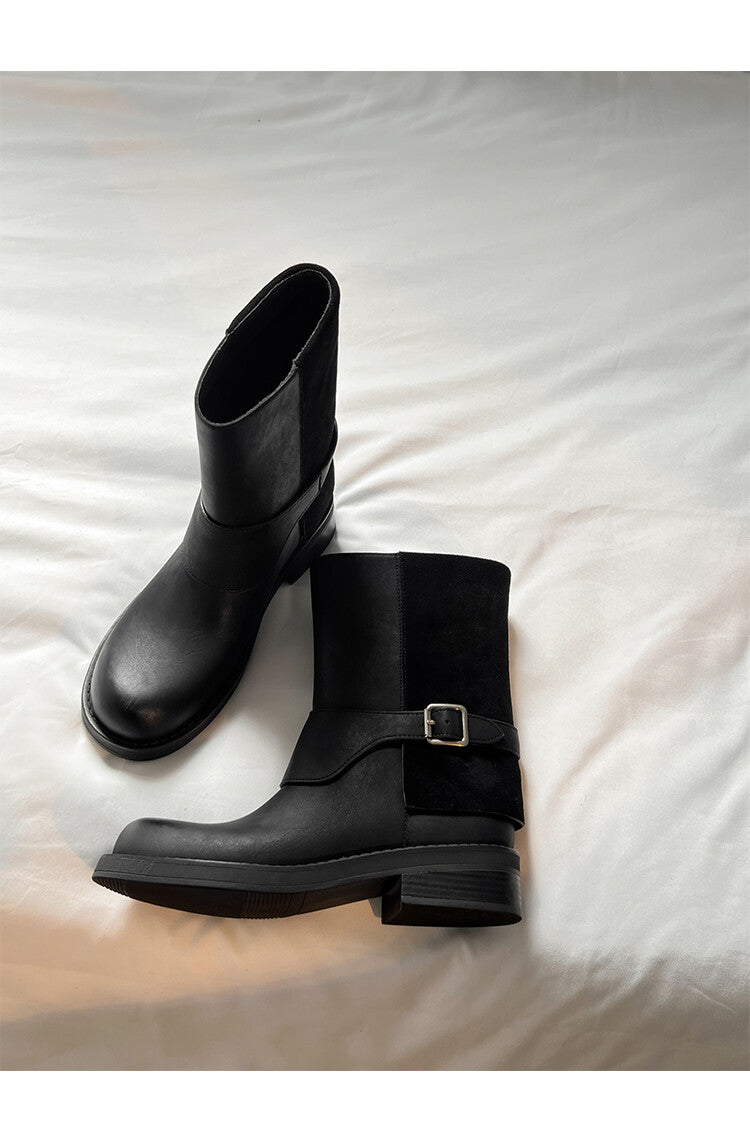 Karin Luna Belt Buckle Chunky Heel Fashion Short Boots