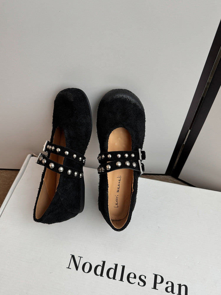 Karin Luna Hot Item Hot Item Punk Style One-Strap Round-Toe Suede Leather Height-Increasing Flats