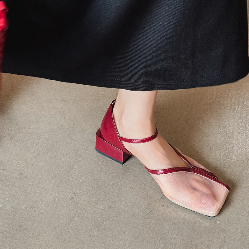 Karin Luna In Stock In Stock  Internet Celebrity Style Square Toe Mesh Chunky Heel Sandals