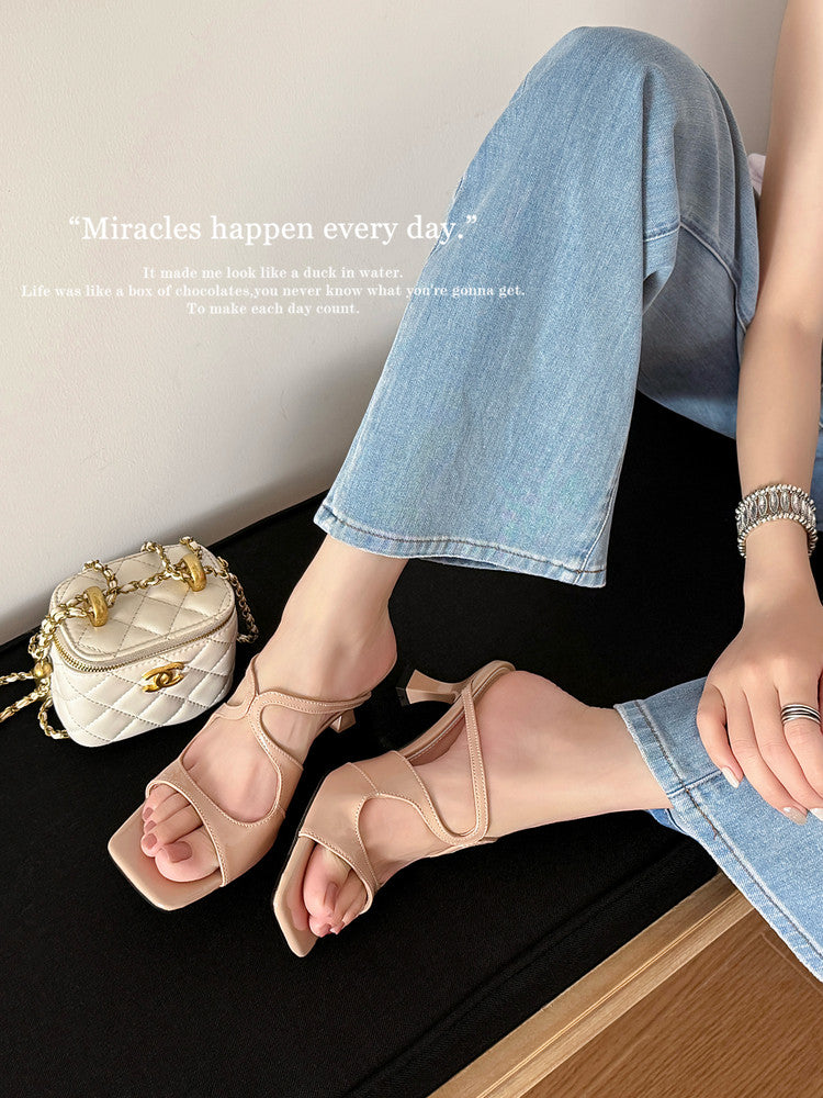 Karin Luna French Retro Square Toe Wrap Strap Open-Toe Slippers