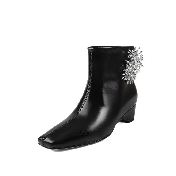 Karin Luna Elegant Style Square Toe Flower Design Height Increasing Short Boots with Two Front and Back Options