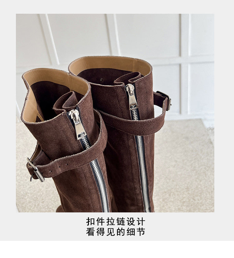 Karin Luna In Stock Spot Goods Retro Cowhide Leather Chunky Heel Suede Long Boots
