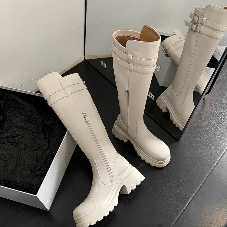 Karin Luna In Stock  Round Toe Thick Sole Casual Belt Buckle Long Boots