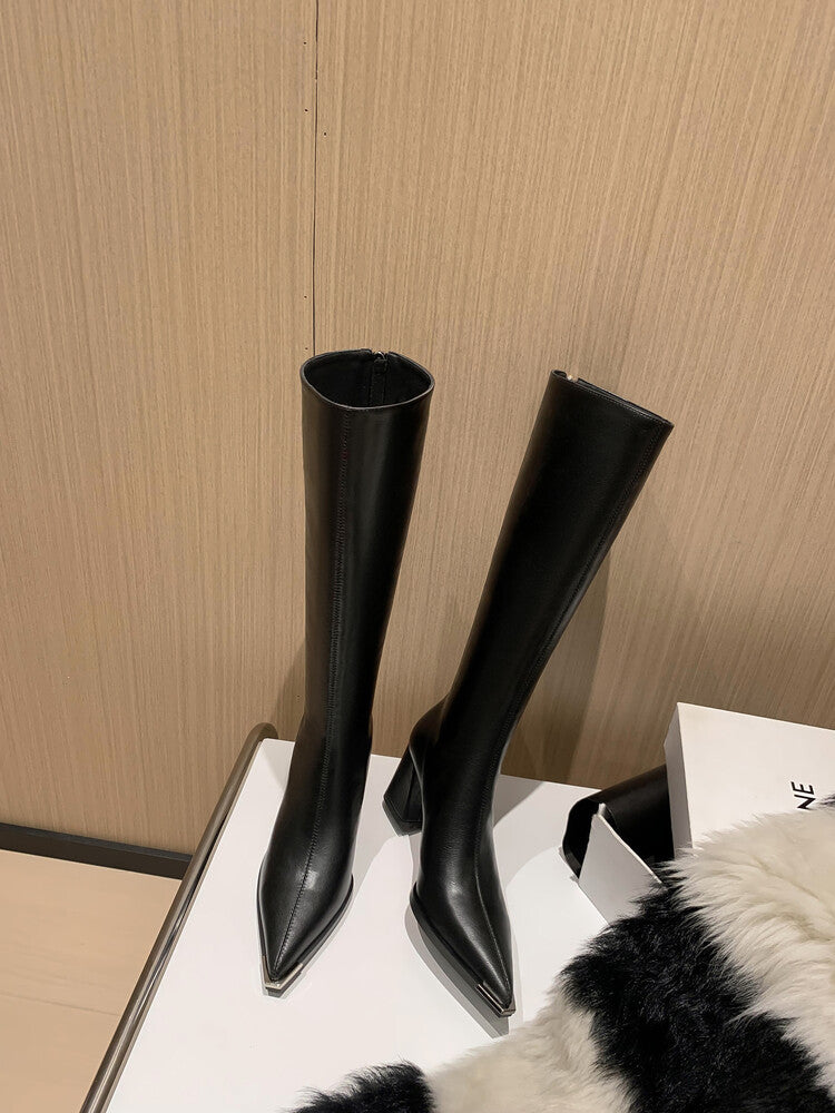 Karin Luna In Stock  In Stock Elegant Metal Pointed Toe Chunky Heel Full Cowhide Leather Riding Boots