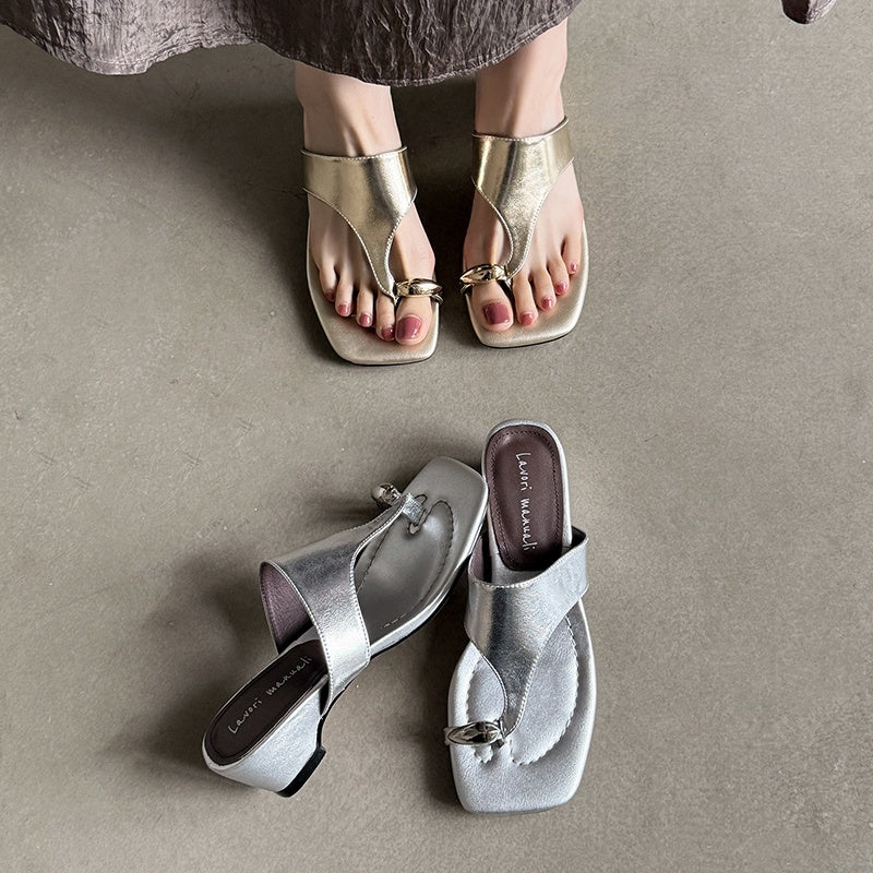 Karin Luna In Stock Spot Goods Clip-toe Square Toe Metal Buckle Minimalist Slippers