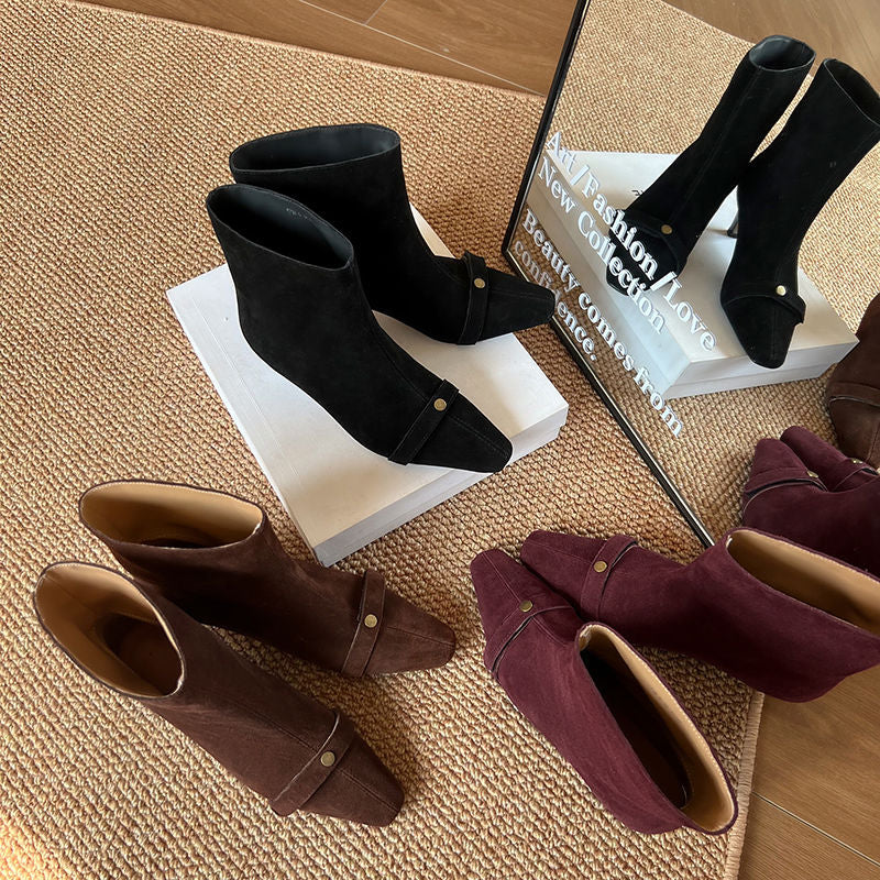 Karin Luna Elegant Style Small Square Toe Belt Buckle Thin Heel Short Boots