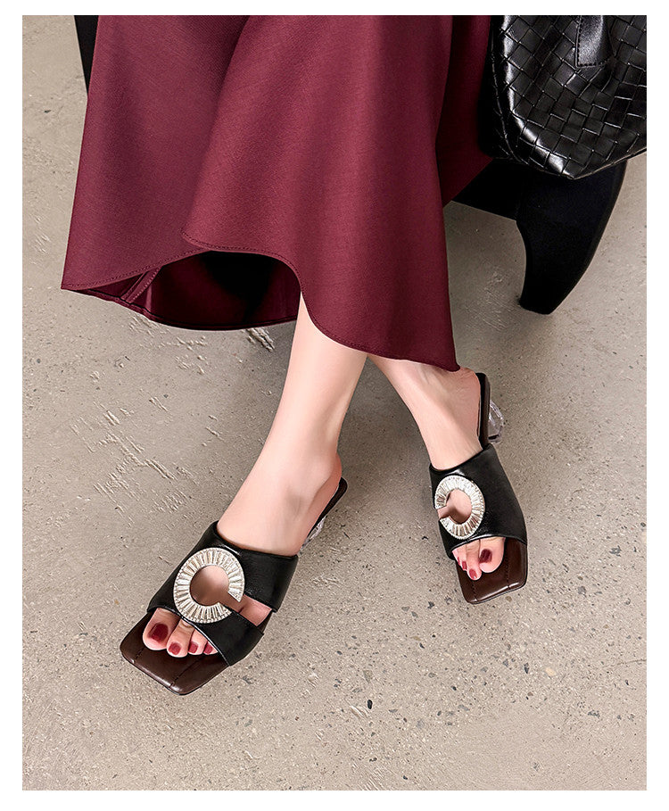 Karin Luna In Stock  Spot Goods  Large Rhinestone Square-Toed Crystal Heel Slippers
