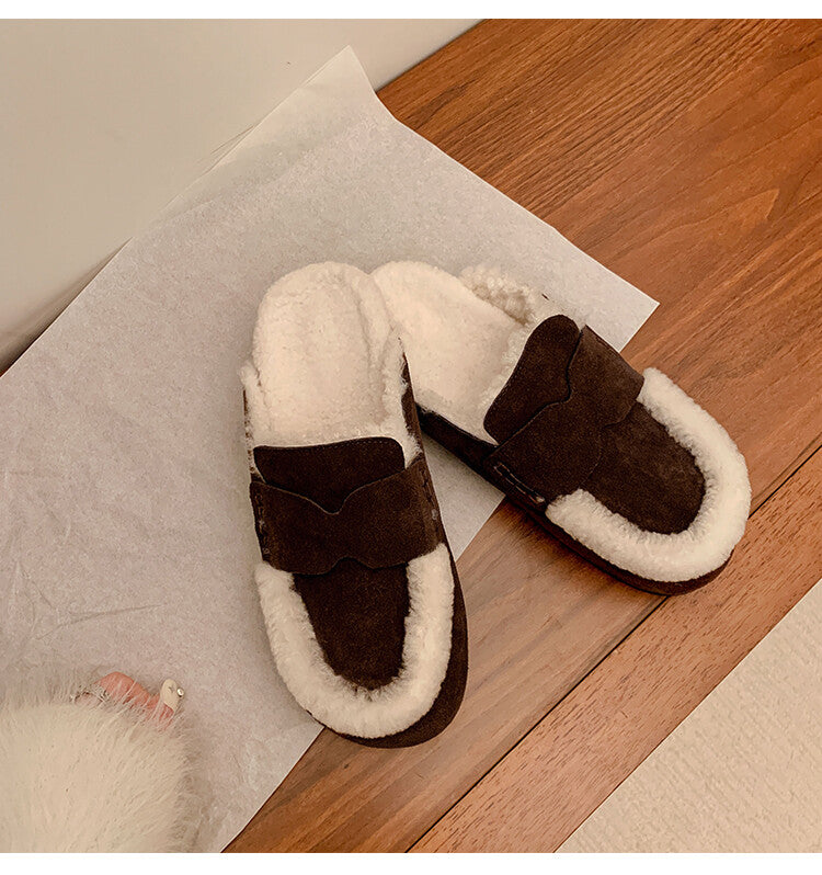 Karin Luna In Stock Look~This is such thick lamb wool Winter Atmosphere！Cowhide Leather Lamb Wool Round Toe Flat Sole Half Support！