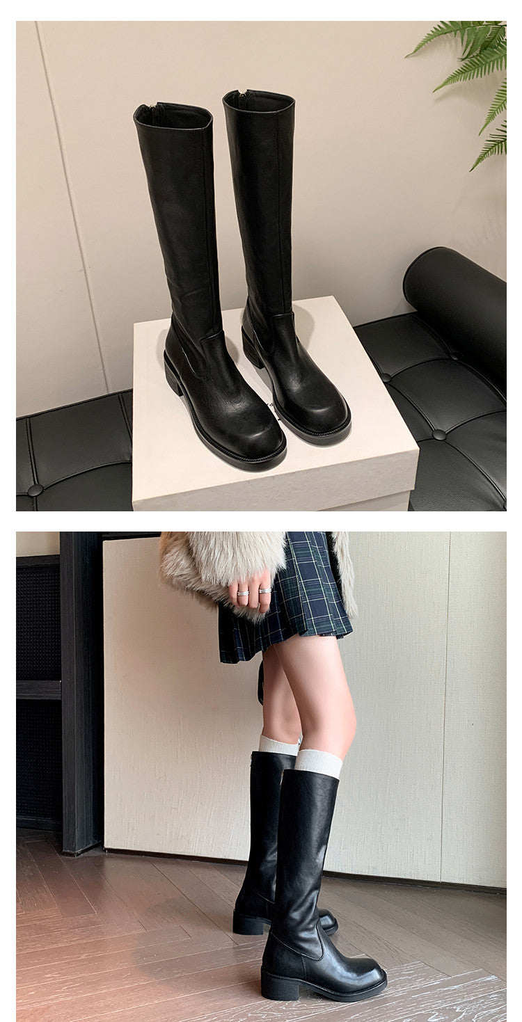 Karin Luna Basic Versatile Style Round Toe Chunky Heel Long Boots