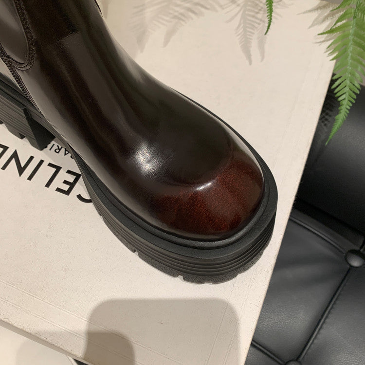 Karin Luna In Stock In Stock  Round Toe Thick Sole Belt Buckle Side Zipper Knight Boots