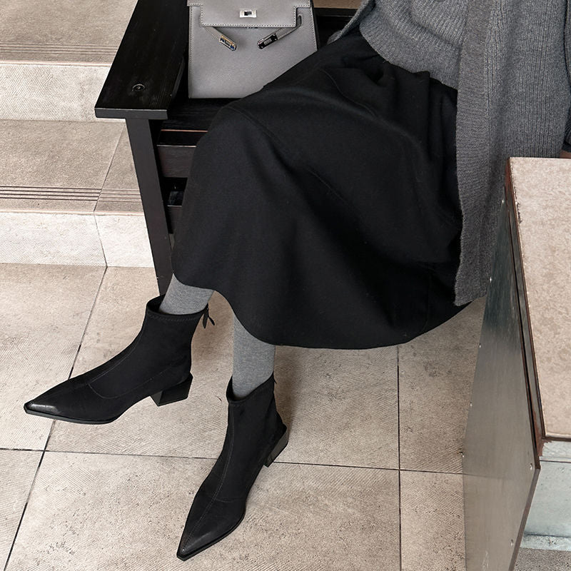Karin Luna In Stock In Stock Elastic Slim Pointed Toe Chunky Heel Basic Ankle Boots