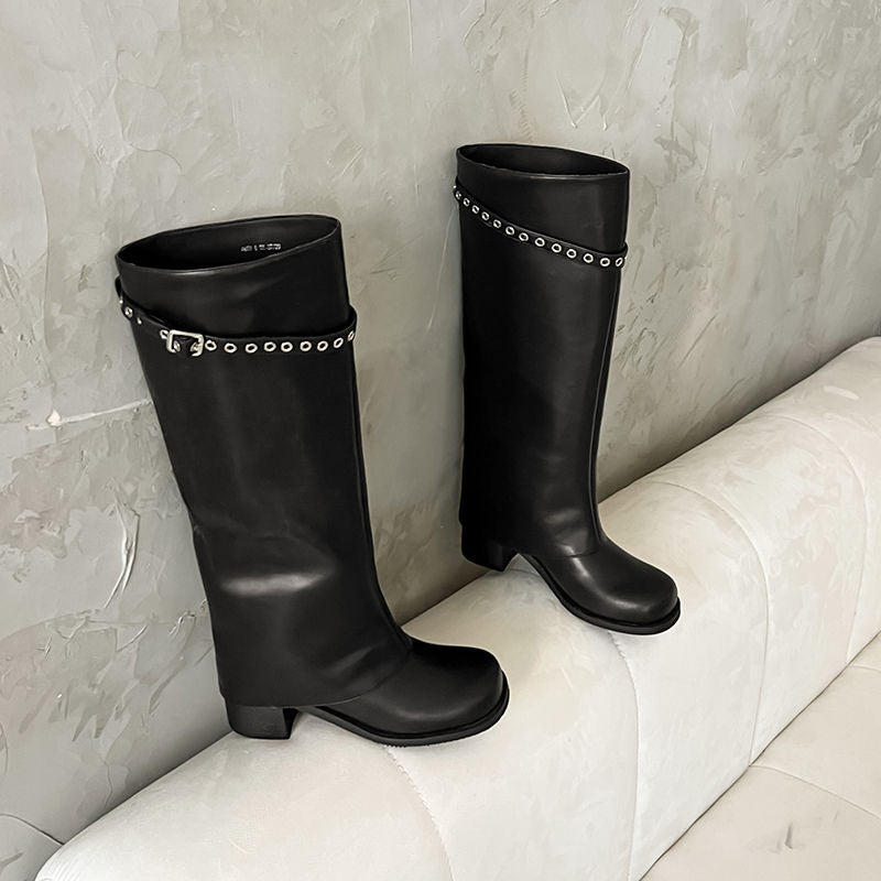 Karin Luna In Stock Spot Goods Belt Buckle Color-Washed Casual Thick-Soled Bootcut Pants Boots