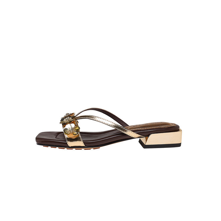 Karin Luna In Stock Spot Goods  One-Strap Sequin Floral Square-Toe Flat Slippers